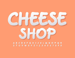 Vector creative emblem Cheese Shop with set of Alphabet Letters and Numbers. Handwritten white Font