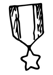 Vector isolated element medal symbol of victory. hand drawn ribbon with two dark stripes on the sides with a doodle style star black outline on a white background