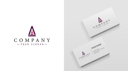 Stylized letter A, logo for a successful company. Mockup of business cards with a logo