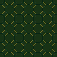 Geometric golden ornament grid on green background. Seamless fine abstract pattern, wrapping paper