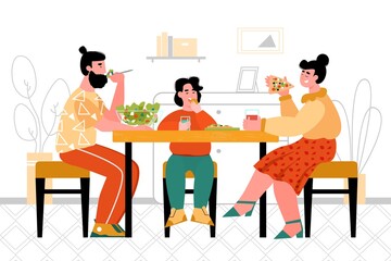 Happy family eating lunch together - cartoon mother, father and child