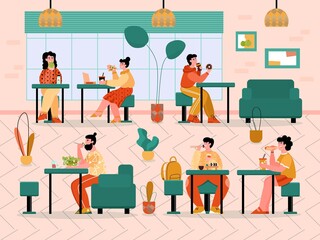 Cartoon people eating in cafe - restaurant interior with customers