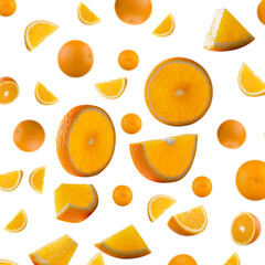 Orange pieces of various shapes, glowing from inside, flying in space. Orange isolated on white. Superior resolution and retouching