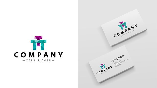 Logo polygon with the letter T. Mockup of business cards with a logo