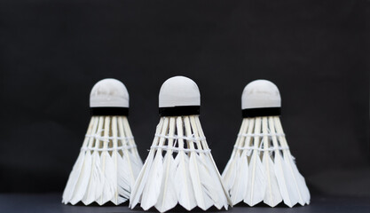 A set of white badminton feather shuttlecock in a row on black background.