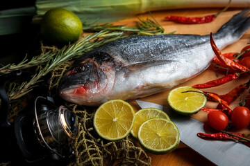 Fresh sea fish with olive oil, spices and lemon ready for cooking. Dorado or sea bream fish. 