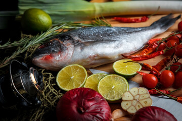 Fresh sea fish with olive oil, spices and lemon ready for cooking. Dorado or sea bream fish. 
