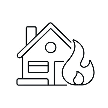 Fire in the house linear icon. Firefighters. Rescue service. Thin line customizable illustration. Contour symbol. Vector isolated outline drawing. Editable stroke