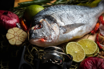 Fresh sea fish with olive oil, spices and lemon ready for cooking. Dorado or sea bream fish. 