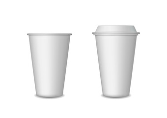 Coffee cup. Paper or plastic mockup of mug with lid. Cup for tea in cafe. Take away hot coffee. Set of template for drink of latte, espresso, cappuccino in mug. Design of mock for restaurant. Vector