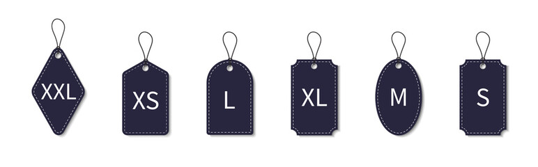 Size label. Cloth label of size. Tag of xl, s, xxl, l, m, xs, xxxl. Icon for large, small fabric of garment, shirt, dress. Set of sign for woven clothes. Leather tags with brand and dimension. Vector