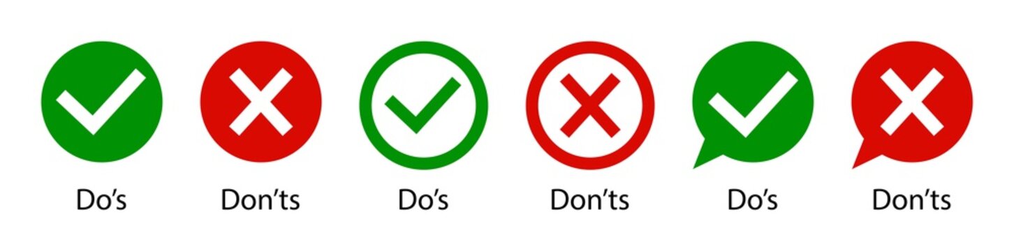 Dos and dont. Do and don. Icon of wrong and right. Tick or cross. Mark of check and correct. Ok, yes-green. X, false-red. Sign of good or bad. List of icon for approved, reject. Logo of quiz. Vector