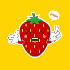 cute and kawaii strawberry fruit character. can be used in restaurant menu, cooking books and organic farm label. Healthy food. Tasty vegan . Organic product. Culinary ingredient.