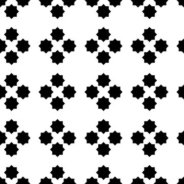 Four eight pointed stars pattern. Black same stars on a white background.