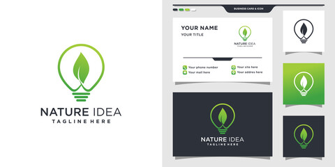 Nature logo with bulb concept and business card design. Inspiration, illustration logo template. Premium Vector
