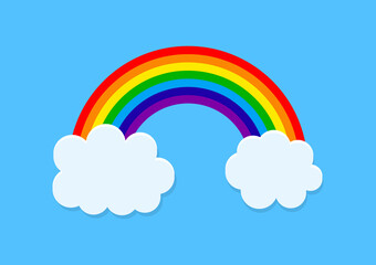 Rainbow icon. Rainbow with cloud. Cartoon wallpaper for kids. Arc of sky for kid room. Banner with bright color for spring, summer. Illustration for happy, dream of childrens. Origami poster. Vector