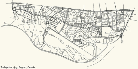 Black simple detailed street roads map on vintage beige background of the quarter Trešnjevka – jug district of Zagreb, Croatia