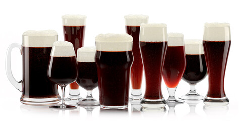 Set of fresh stout beer glasses with bubble froth isolated on white background.
