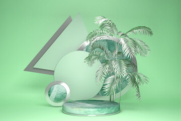 3D pedestal. Abstract palm trees leaves topical juicy. 3d render illustration. Podium green steps for brand promotion product. Creative green background for advertising presentation. Stand base mockup