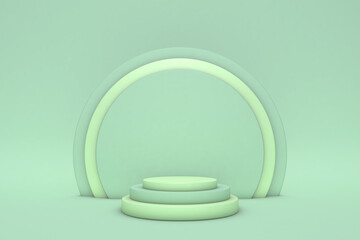 Abstract green cylinder pedestal podium, Light pastel empty studio. 3D rendering geometric shape steps, Product display presentation.