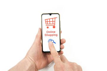 in the hands of a smartphone with an open app for online shopping on a white background isolated