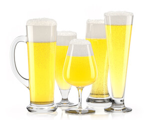Set of fresh light beer glasses with bubble froth isolated on white background.
