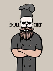 skull in chef hat with beard and mustache isolated vector illustration.