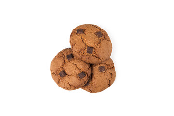 Chocolate chip cookies with chocolate pieces. Isolated on white. Top view