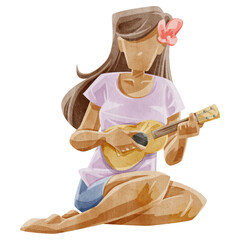 Naklejka premium ウクレレを弾く女性の手描き水彩風イラスト