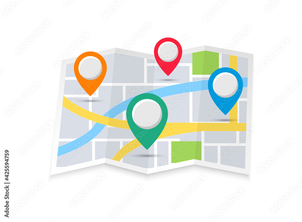 Poster four color location pointers on the map in flat style. navigation symbol for website design, mobile 