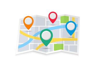 Four color location pointers on the map in flat style. Navigation symbol for website design, mobile app. Modern pin pointer layout road map. GPS navigation systems. Vector illustration. EPS 10