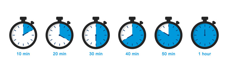 Set of simple timers. Stopwatch. Countdown 10.20,30,40,50, 1 minutes. Stopwatch icons set in flat style, digital timer. clock and watch, countdown symbol. Vector illustration. EPS 10