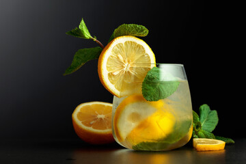 Cold refreshing drink with lemon slices and mint.