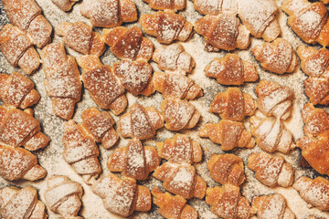 Homemade cakes, on a baking sheet fresh baked in the oven bagels made of cottage cheese dough sprinkled with powdered sugar