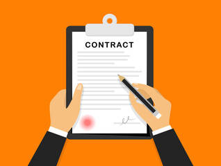 Signing contract. Hands holding and signing business contract paper with a pen. Sign agreement. Businessman signs agreement protection document. Modern concept for web banners, websites, infographics