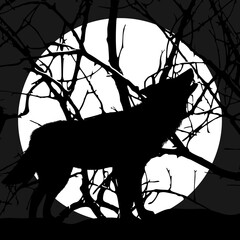 Silhouette of a howling wolf against the background of the moon in the forest. Vector illustration.

