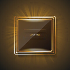 Shining rectangle banner with thin golden frame and lights effects. Vector illustration.