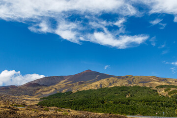 View at Mount Etna (volcano) in Summer time, Sicily. Italy, Europe