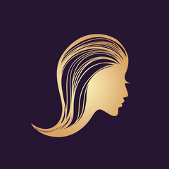 Beauty salon logo.Beautiful woman profile view portrait.Long, wavy hairstyle icon.Gold sign for spa, aesthetics, beautician, hair studio business.Modern, elegant, luxury style hairdresser symbol.