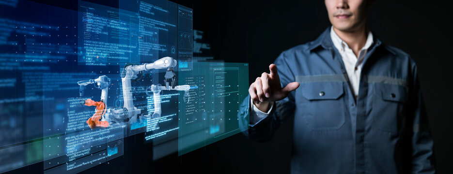 Engineer smart factory machine AR augmented reality technology futuristic industry automated technology robot arms control