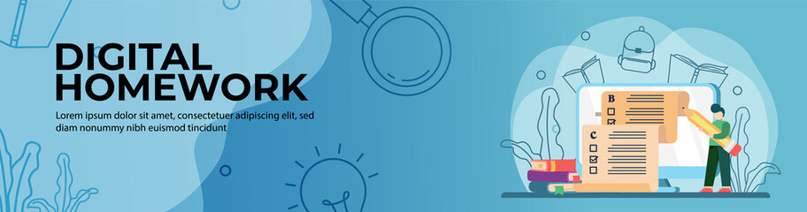 Digital Homework Web Banner Design. student take online exams on education web. online education, digital classroom. E-Learning concept. header or footer banner.