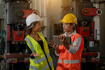 Two factory female workers working with machine equipment in factory.