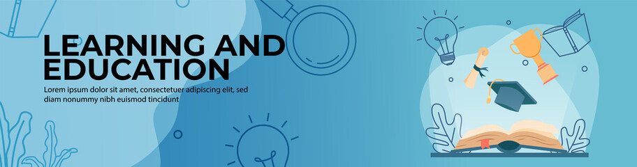 Learning and education Web Banner Design. Open book with light and graduation cap, graduation roll, trophy. online education, digital classroom. E-Learning concept. header or footer banner.