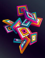 3D colorful striped squares. Art geometric shapes.
