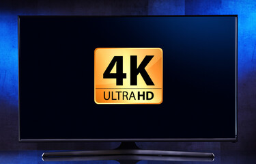 A flat-screen TV set displaying a 4K Ultra HD icon