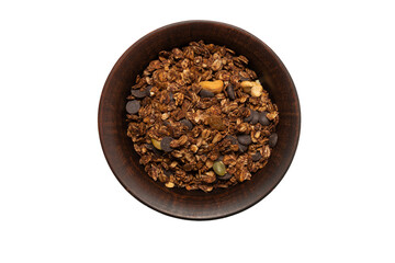 Chocolate granola cereal with nuts in a bowl background.