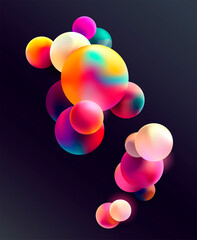 Fluid colorful 3D balls on dark background.