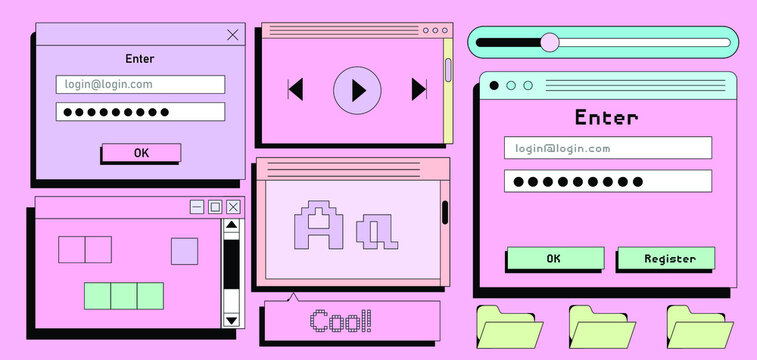 Set Of Retro User Interface Tabs And Icons. Screen Panels And Dialog Boxes Of Computer Software.