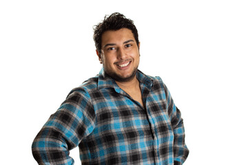 Fototapeta premium Side view of Chubby guy posing for photo. Isolated on white background.