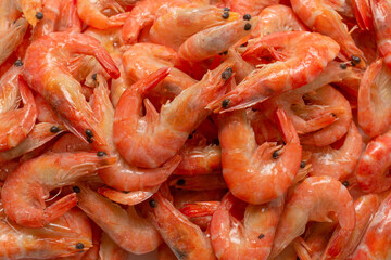 Shrimps background texture. A lot of shrimps. Cooked shrimps.
